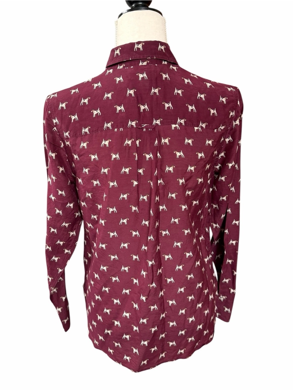 J.Crew Terrier Dog Print Cotton Silk Popover Blouse Burgundy Size 6 G8368 - Picture 8 of 10